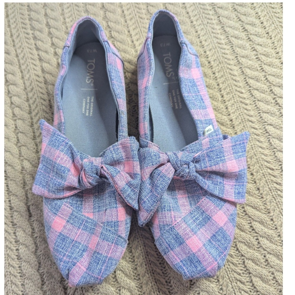 TOMS Alpargata Pink Blue Plaid Bow Slip On Canvas Flats Loafers W7.5